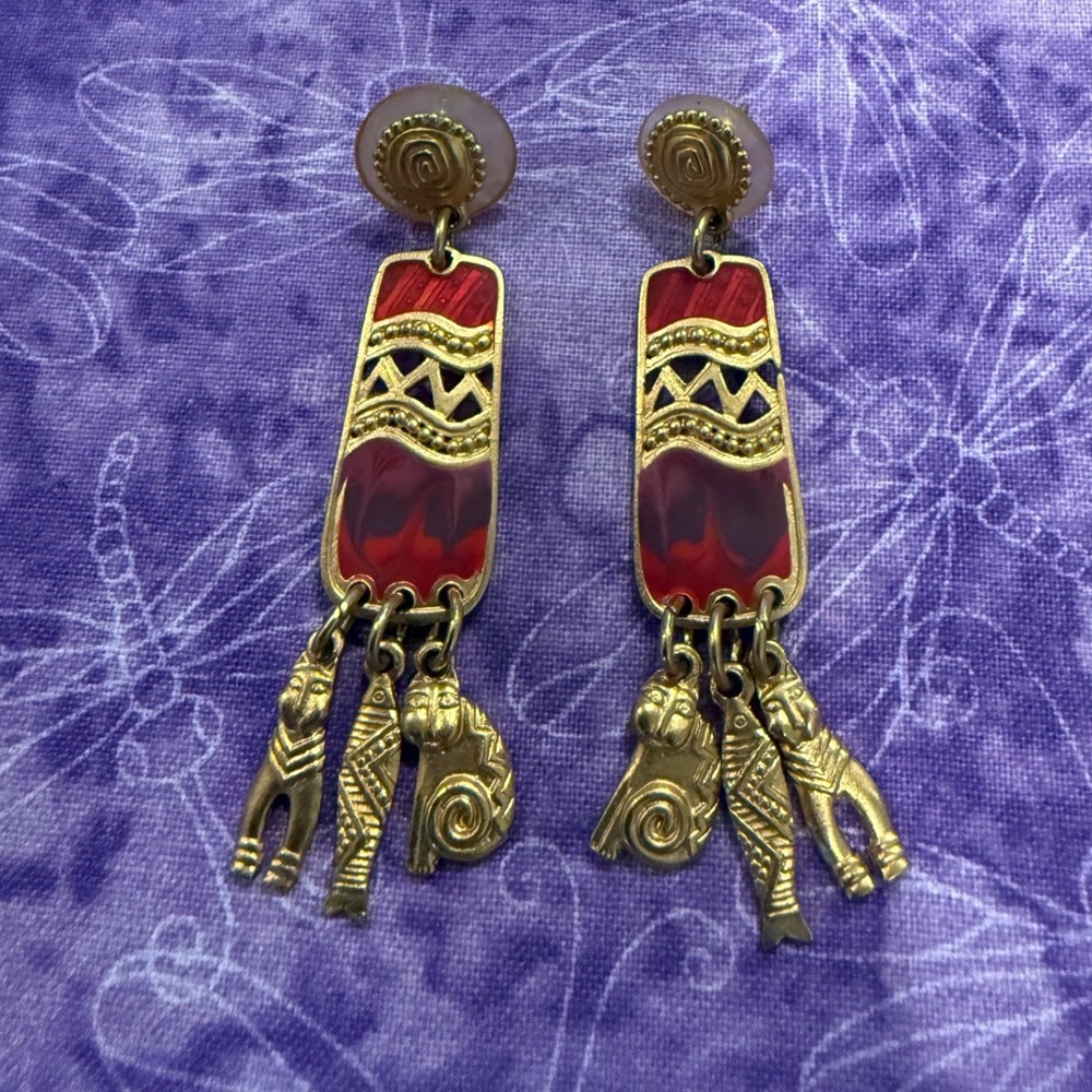 Berebi Womens Drop Earrings Gold Tone Red Enamel Egyptian Cat Kitty Fish Charms